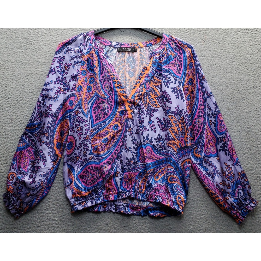 Alice & Trixie Blouse Top Women XS Multi Paisley Silk Balloon Sleeve Deep V-Neck